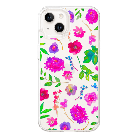 Aesthetic Bright Flowers Phone Case For iPhone 17 16 15 14 13 7 8 SE Galaxy S26 S25 Watercolor Floral MagSafe Case shown on