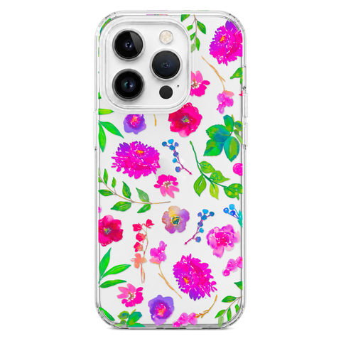 Aesthetic Bright Flowers Phone Case For iPhone 17 16 15 14 13 7 8 SE Galaxy S26 S25 Watercolor Floral MagSafe Case shown on