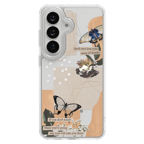 Aesthetic Butterfly Collage Clippings Clear Phone Case shown on Galaxy S25 Plus