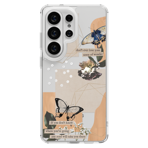 Aesthetic Butterfly Collage Clippings Clear Phone Case shown on Galaxy S26 Ultra