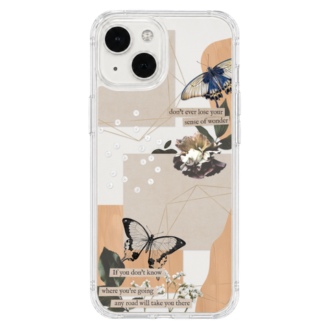 Aesthetic Butterfly Collage Clippings Clear Phone Case shown on iPhone 13 Mini