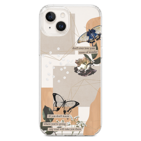 Aesthetic Butterfly Collage Clippings Clear Phone Case shown on iPhone 14 Plus