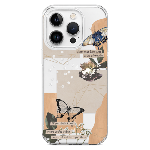 Aesthetic Butterfly Collage Clippings Clear Phone Case shown on iPhone 14 Pro