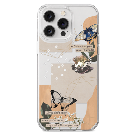 Aesthetic Butterfly Collage Clippings Clear Phone Case shown on iPhone 14 Pro Max