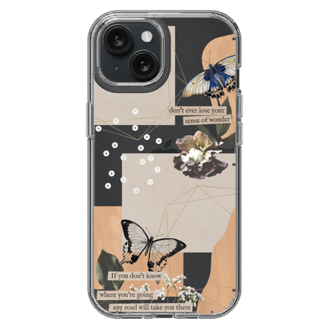 Aesthetic Butterfly Collage Clippings Clear Phone Case shown on iPhone 15