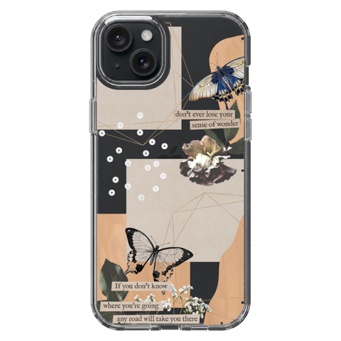 Aesthetic Butterfly Collage Clippings Clear Phone Case shown on iPhone 15 Plus