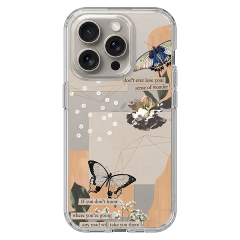 Aesthetic Butterfly Collage Clippings Clear Phone Case shown on iPhone 15 Pro