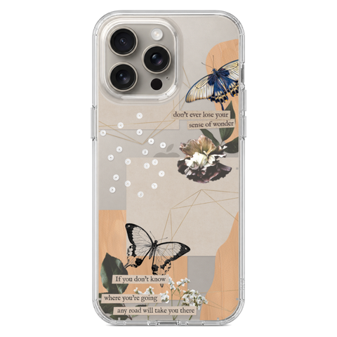 Aesthetic Butterfly Collage Clippings Clear Phone Case shown on iPhone 15 Pro Max