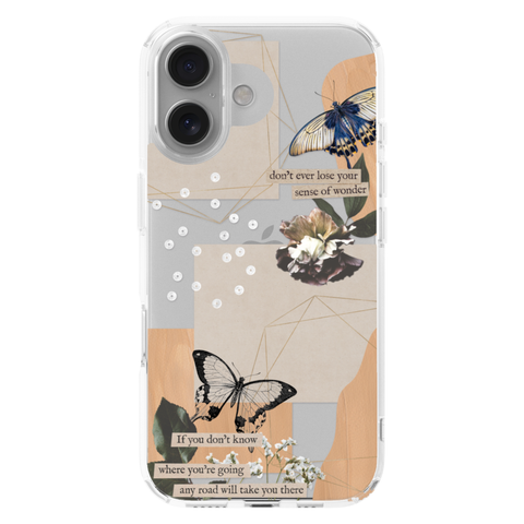 Aesthetic Butterfly Collage Clippings Clear Phone Case shown on iPhone 16
