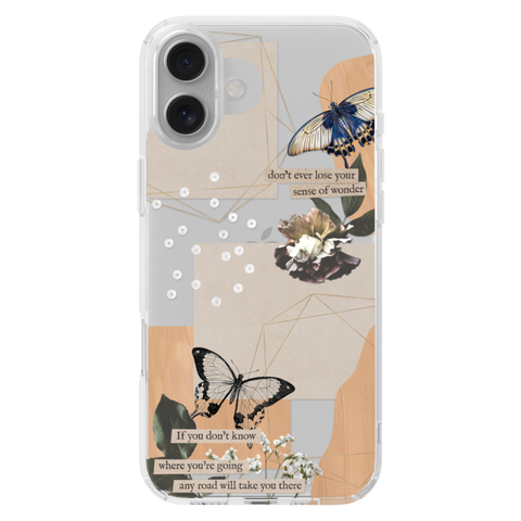 Aesthetic Butterfly Collage Clippings Clear Phone Case shown on iPhone 16 Plus