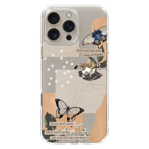 Aesthetic Butterfly Collage Clippings Clear Phone Case shown on iPhone 16 Pro Max