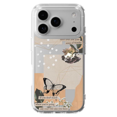 Aesthetic Butterfly Collage Clippings Clear Phone Case shown on iPhone 17 Pro