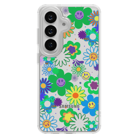 Aesthetic Retro Smiley Face Flowers Phone Case For iPhone 17 16 15 14 13 7 8 SE Galaxy S26 S25 shown on Galaxy S25
