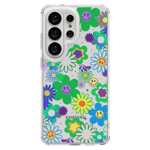Aesthetic Retro Smiley Face Flowers Phone Case For iPhone 17 16 15 14 13 7 8 SE Galaxy S26 S25 shown on Galaxy S26 Ultra