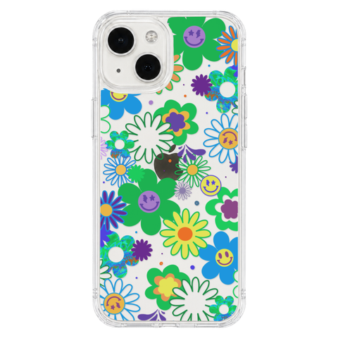 Aesthetic Retro Smiley Face Flowers Phone Case For iPhone 17 16 15 14 13 7 8 SE Galaxy S26 S25 shown on iPhone 13 Mini
