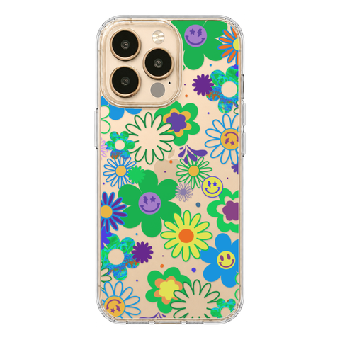 Aesthetic Retro Smiley Face Flowers Phone Case For iPhone 17 16 15 14 13 7 8 SE Galaxy S26 S25 shown on iPhone 13 Pro