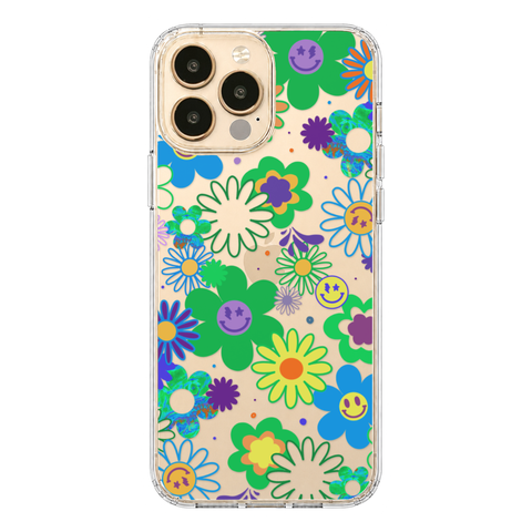 Aesthetic Retro Smiley Face Flowers Phone Case For iPhone 17 16 15 14 13 7 8 SE Galaxy S26 S25 shown on iPhone 13 Pro Max