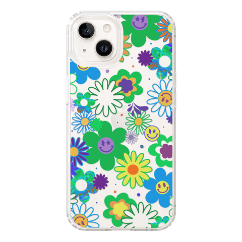 Aesthetic Retro Smiley Face Flowers Phone Case For iPhone 17 16 15 14 13 7 8 SE Galaxy S26 S25 shown on iPhone 14