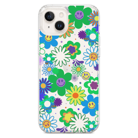 Aesthetic Retro Smiley Face Flowers Phone Case For iPhone 17 16 15 14 13 7 8 SE Galaxy S26 S25 shown on iPhone 14 Plus