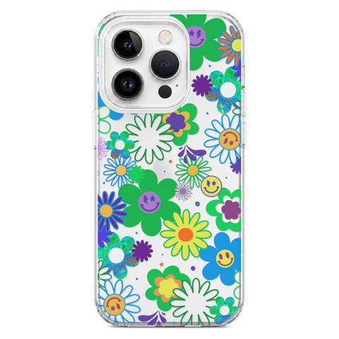 Aesthetic Retro Smiley Face Flowers Phone Case For iPhone 17 16 15 14 13 7 8 SE Galaxy S26 S25 shown on iPhone 14 Pro