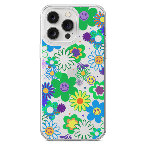 Aesthetic Retro Smiley Face Flowers Phone Case For iPhone 17 16 15 14 13 7 8 SE Galaxy S26 S25 shown on iPhone 14 Pro Max
