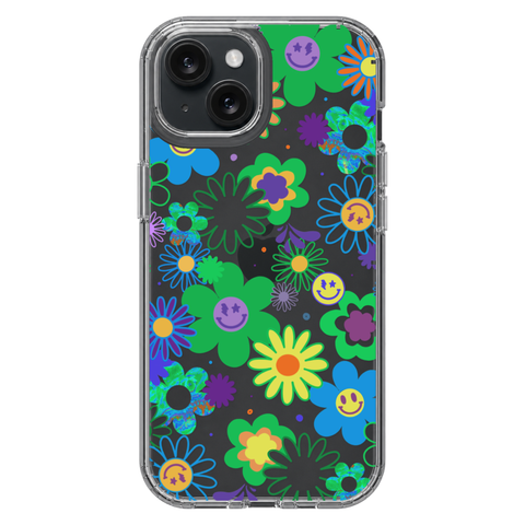Aesthetic Retro Smiley Face Flowers Phone Case For iPhone 17 16 15 14 13 7 8 SE Galaxy S26 S25 shown on iPhone 15