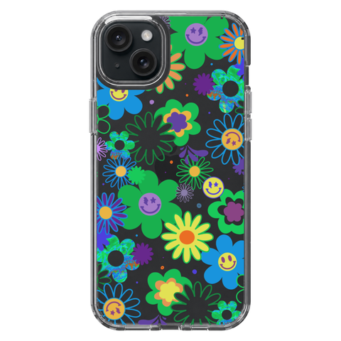 Aesthetic Retro Smiley Face Flowers Phone Case For iPhone 17 16 15 14 13 7 8 SE Galaxy S26 S25 shown on iPhone 15 Plus