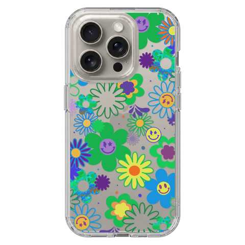 Aesthetic Retro Smiley Face Flowers Phone Case For iPhone 17 16 15 14 13 7 8 SE Galaxy S26 S25 shown on iPhone 15 Pro