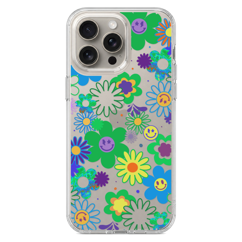 Aesthetic Retro Smiley Face Flowers Phone Case For iPhone 17 16 15 14 13 7 8 SE Galaxy S26 S25 shown on iPhone 15 Pro Max