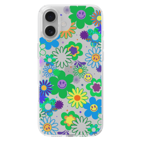 Aesthetic Retro Smiley Face Flowers Phone Case For iPhone 17 16 15 14 13 7 8 SE Galaxy S26 S25 shown on iPhone 16 Plus