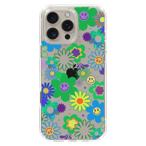 Aesthetic Retro Smiley Face Flowers Phone Case For iPhone 17 16 15 14 13 7 8 SE Galaxy S26 S25 shown on iPhone 16 Pro
