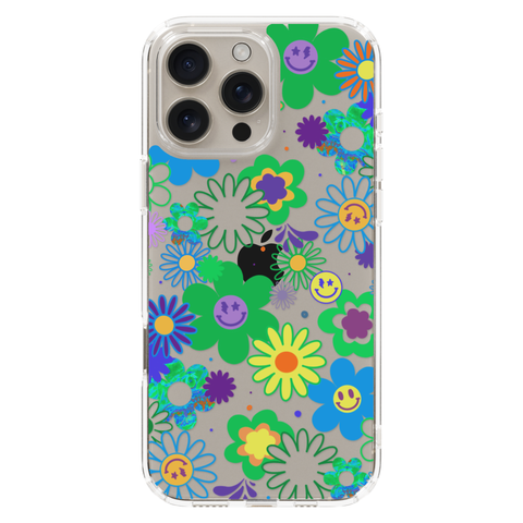 Aesthetic Retro Smiley Face Flowers Phone Case For iPhone 17 16 15 14 13 7 8 SE Galaxy S26 S25 shown on iPhone 16 Pro Max