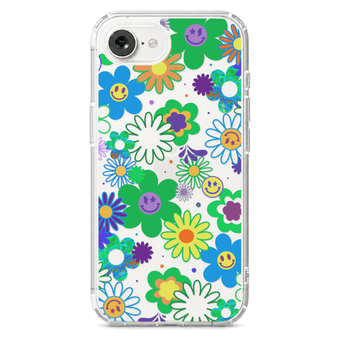 Aesthetic Retro Smiley Face Flowers Phone Case For iPhone 17 16 15 14 13 7 8 SE Galaxy S26 S25 shown on iPhone 16e