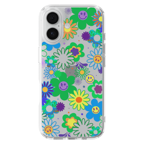 Aesthetic Retro Smiley Face Flowers Phone Case For iPhone 17 16 15 14 13 7 8 SE Galaxy S26 S25 shown on iPhone 17