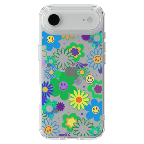 Aesthetic Retro Smiley Face Flowers Phone Case For iPhone 17 16 15 14 13 7 8 SE Galaxy S26 S25 shown on iPhone 17 Air