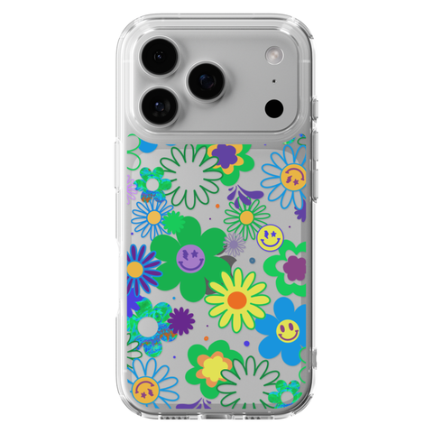Aesthetic Retro Smiley Face Flowers Phone Case For iPhone 17 16 15 14 13 7 8 SE Galaxy S26 S25 shown on iPhone 17 Pro