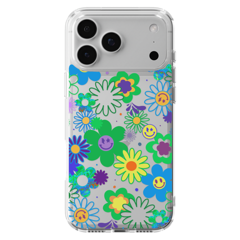 Aesthetic Retro Smiley Face Flowers Phone Case For iPhone 17 16 15 14 13 7 8 SE Galaxy S26 S25 shown on iPhone 17 Pro Max