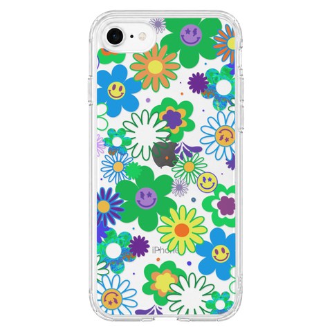 Aesthetic Retro Smiley Face Flowers Phone Case For iPhone 17 16 15 14 13 7 8 SE Galaxy S26 S25 shown on iPhone 7/8