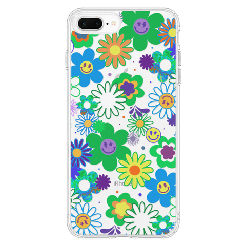 Aesthetic Retro Smiley Face Flowers Phone Case For iPhone 17 16 15 14 13 7 8 SE Galaxy S26 S25 shown on iPhone 7 Plus/8 Plus