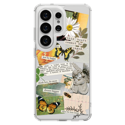 Aesthetic Scrap Collage Clear Phone Case shown on Galaxy S25 Ultra