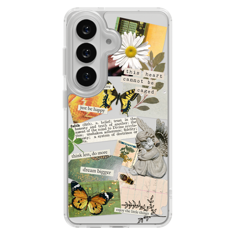 Aesthetic Scrap Collage Clear Phone Case shown on Galaxy S26