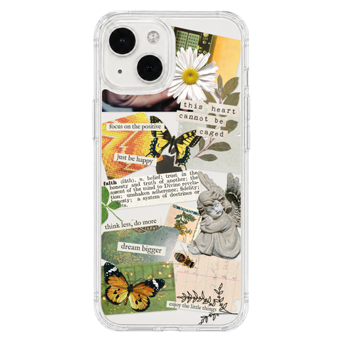 Aesthetic Scrap Collage Clear Phone Case shown on iPhone 13 Mini