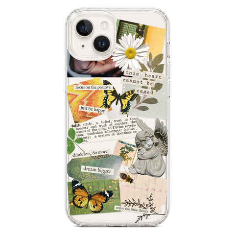 Aesthetic Scrap Collage Clear Phone Case shown on iPhone 14 Plus