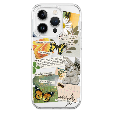 Aesthetic Scrap Collage Clear Phone Case shown on iPhone 14 Pro