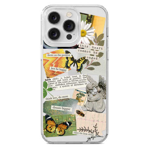 Aesthetic Scrap Collage Clear Phone Case shown on iPhone 14 Pro Max