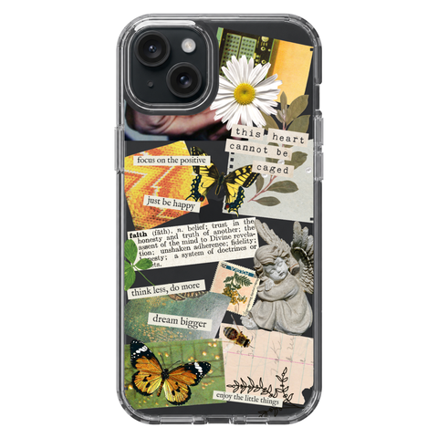 Aesthetic Scrap Collage Clear Phone Case shown on iPhone 15 Plus