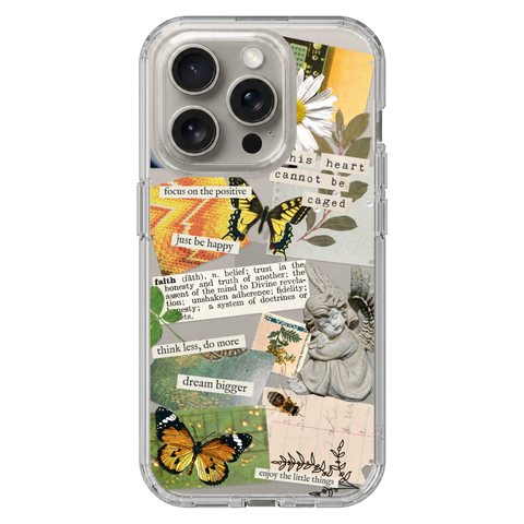 Aesthetic Scrap Collage Clear Phone Case shown on iPhone 15 Pro