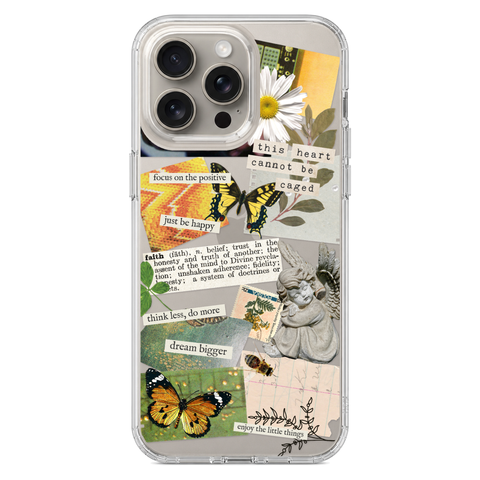 Aesthetic Scrap Collage Clear Phone Case shown on iPhone 15 Pro Max