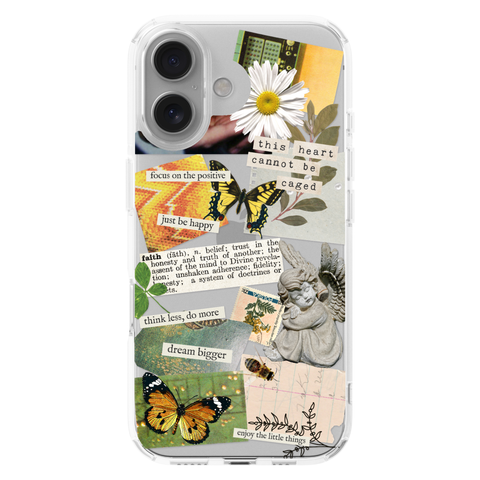 Aesthetic Scrap Collage Clear Phone Case shown on iPhone 16