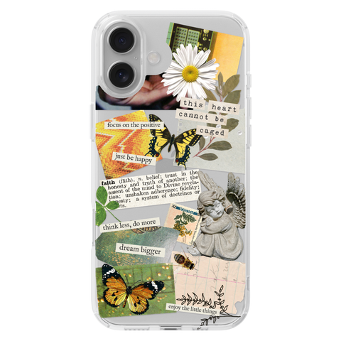 Aesthetic Scrap Collage Clear Phone Case shown on iPhone 16 Plus